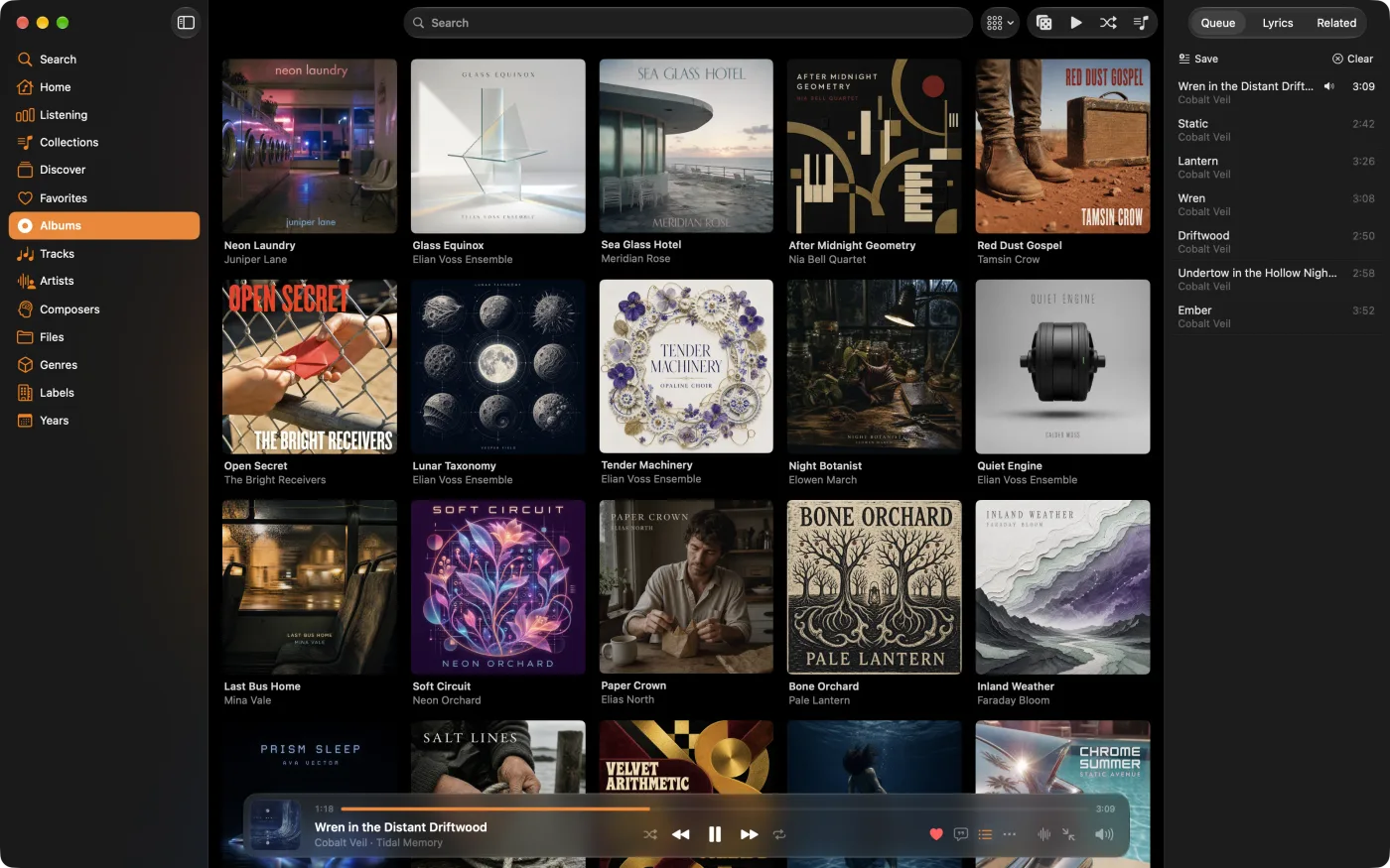 MiniMoon album library shown as a wall of covers