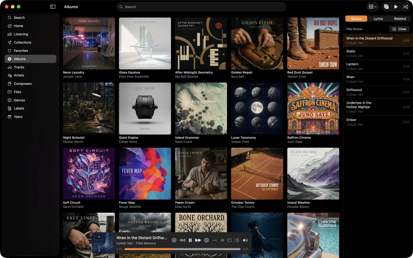MiniMoon album library shown as a wall of covers