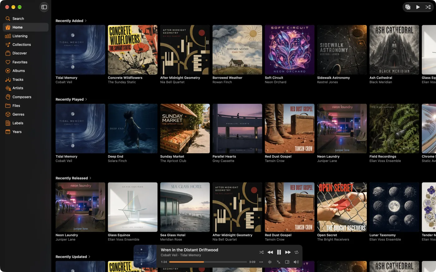 MiniMoon home screen with album shelves