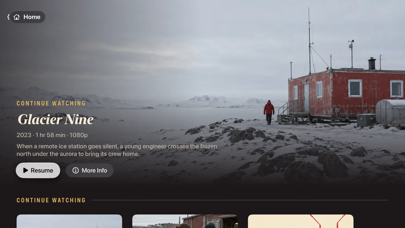 Home, with Glacier Nine featured under Continue Watching
