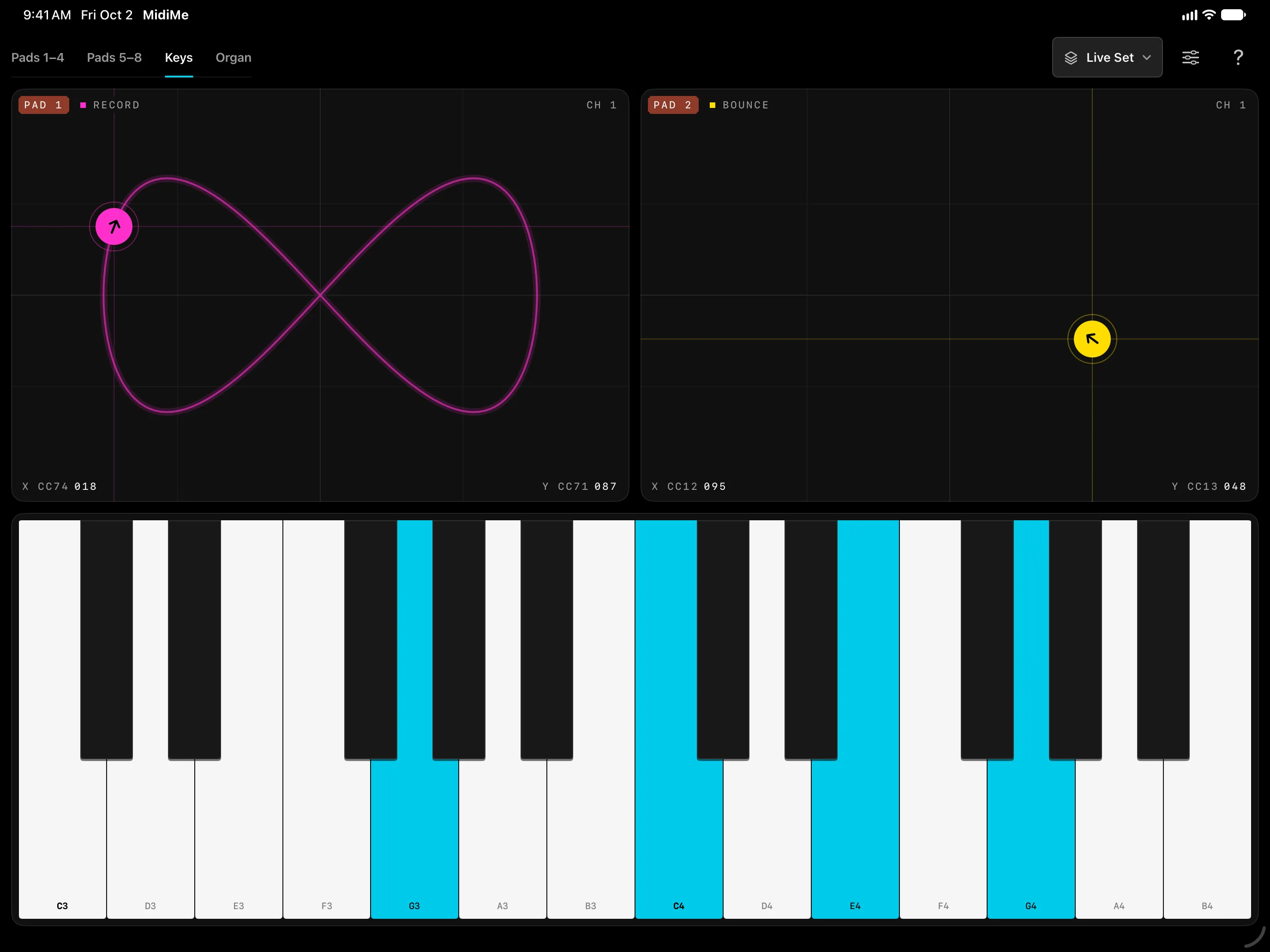 MidiMe Keys screen with two pads above a keyboard holding a chord