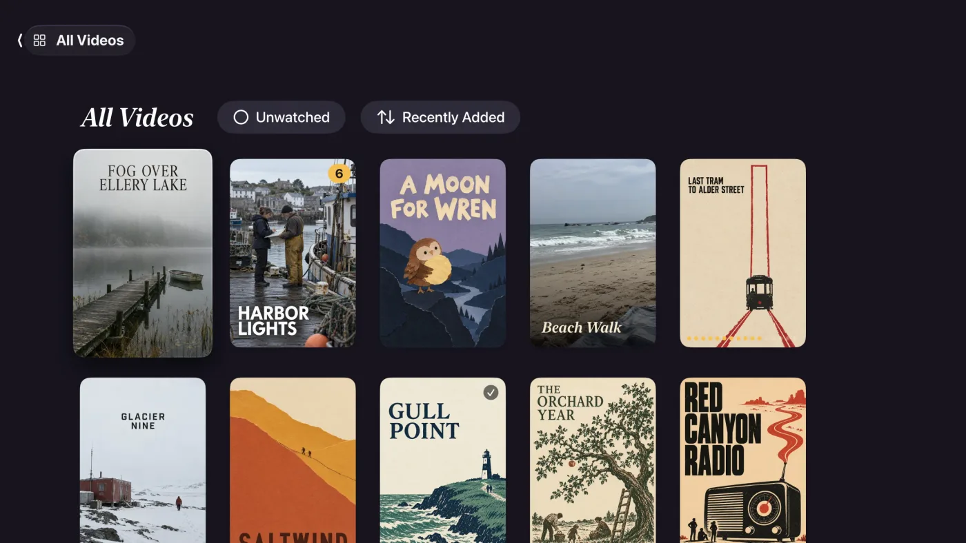 Matinee All Videos grid of posters, filtered to unwatched and sorted by recently added