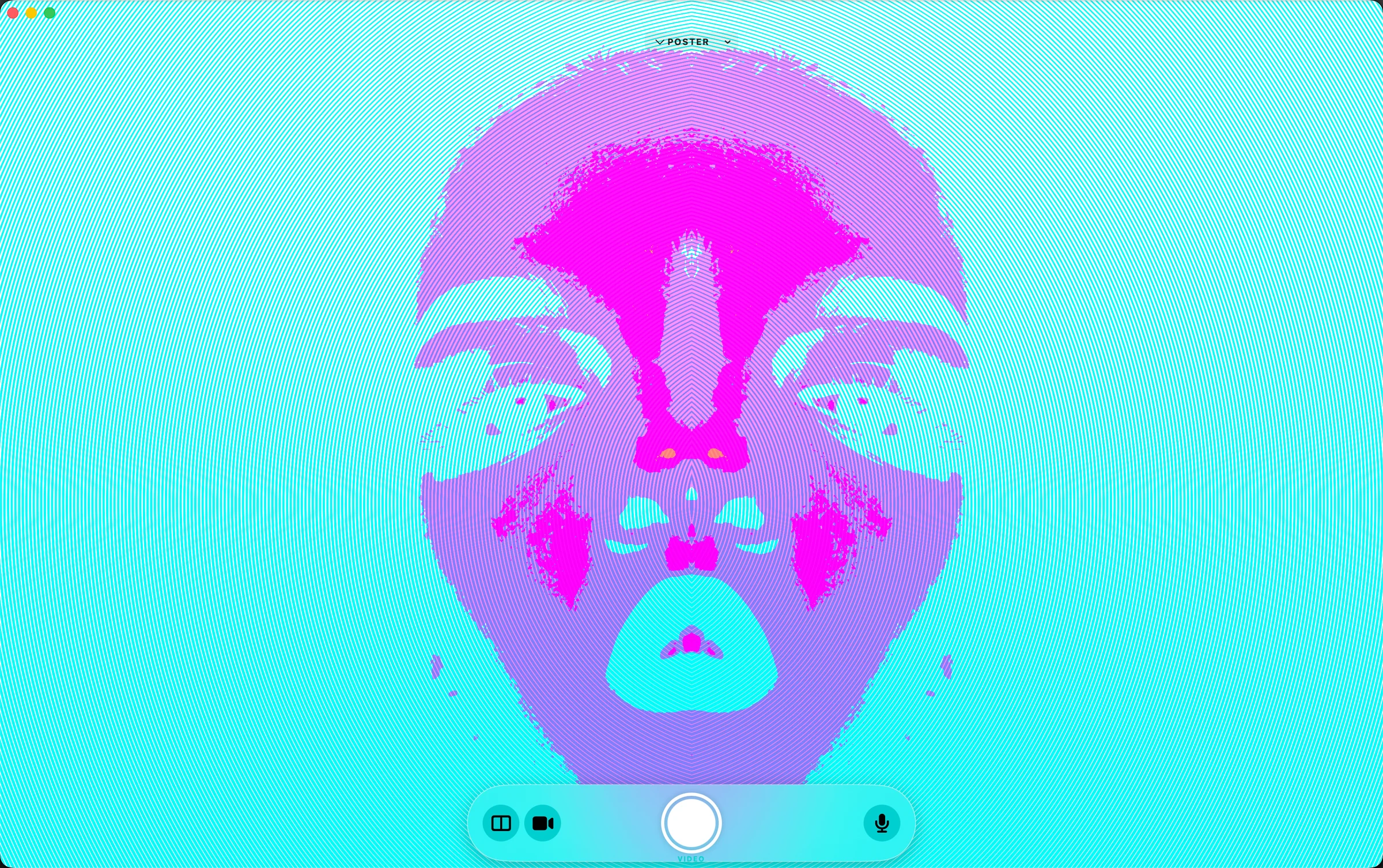 Liquid Lens on Mac showing a mirrored portrait with cyan and magenta poster effects