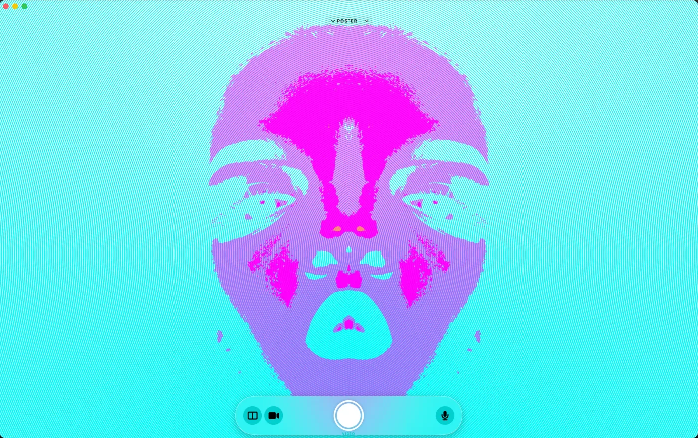 Liquid Lens on Mac showing a mirrored portrait with cyan and magenta poster effects