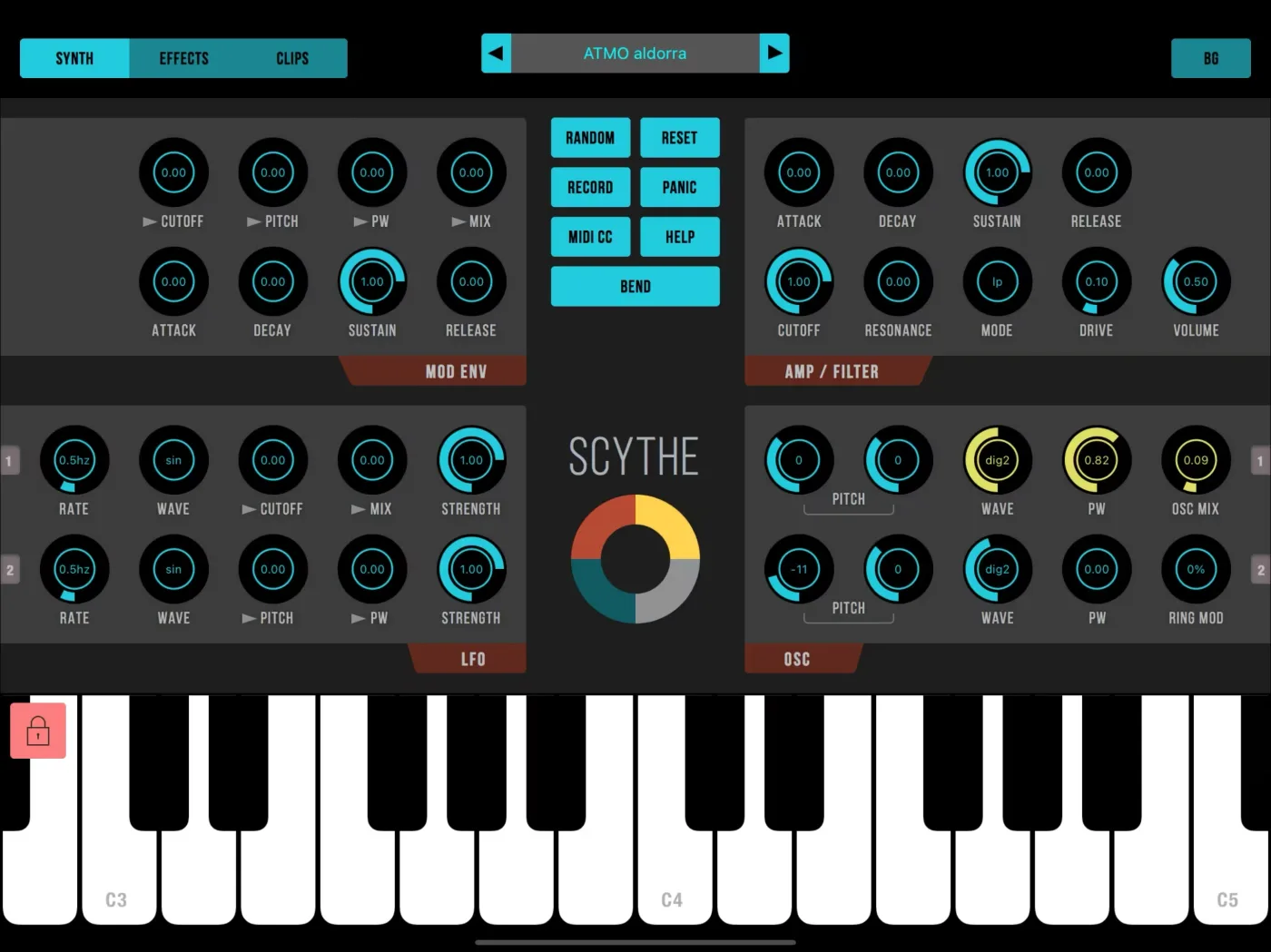 Scythe synth panel with oscillator, filter, and envelope knobs above the keyboard