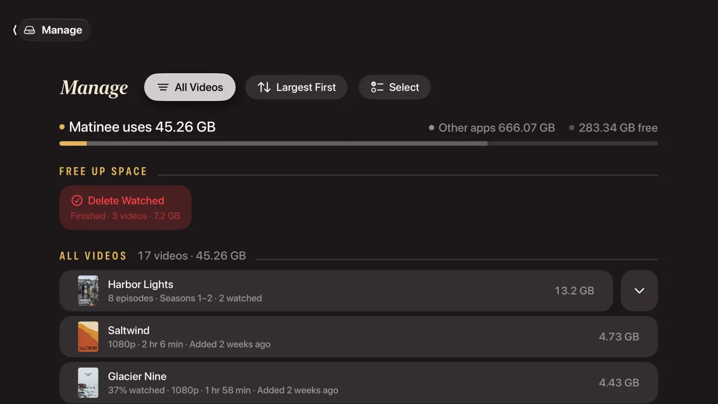 The Manage screen with a storage meter, Delete Watched, and videos listed largest first