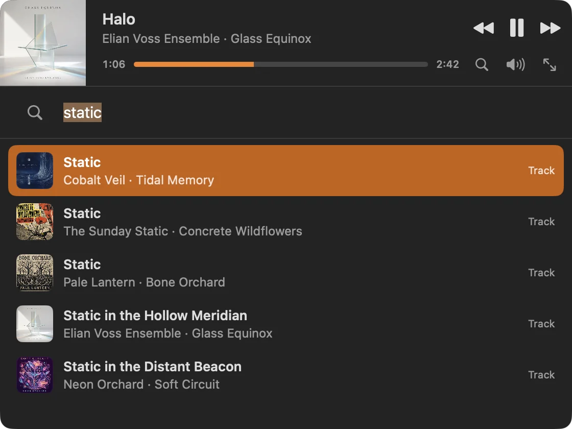 MiniMoon desktop mini player with search results