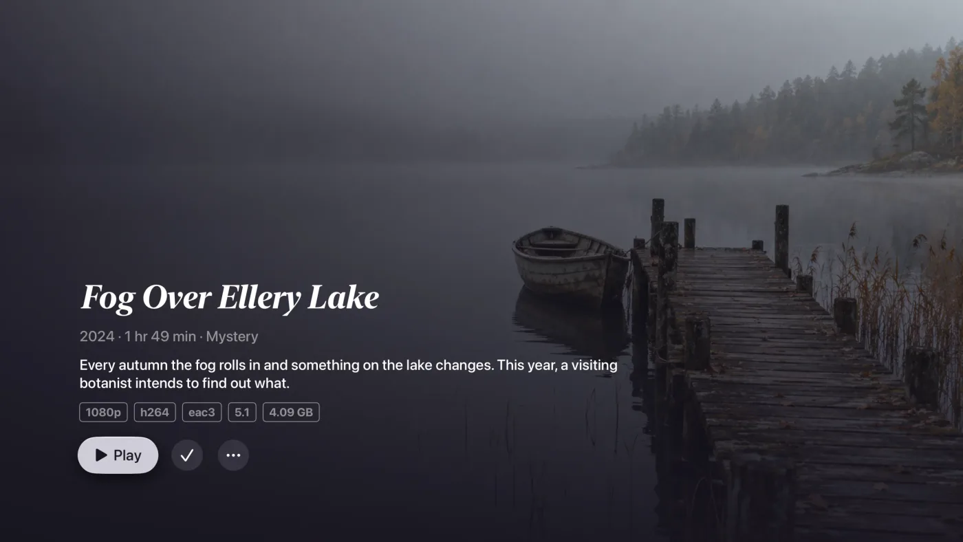Matinee movie page for Fog Over Ellery Lake with its backdrop, synopsis, and format details