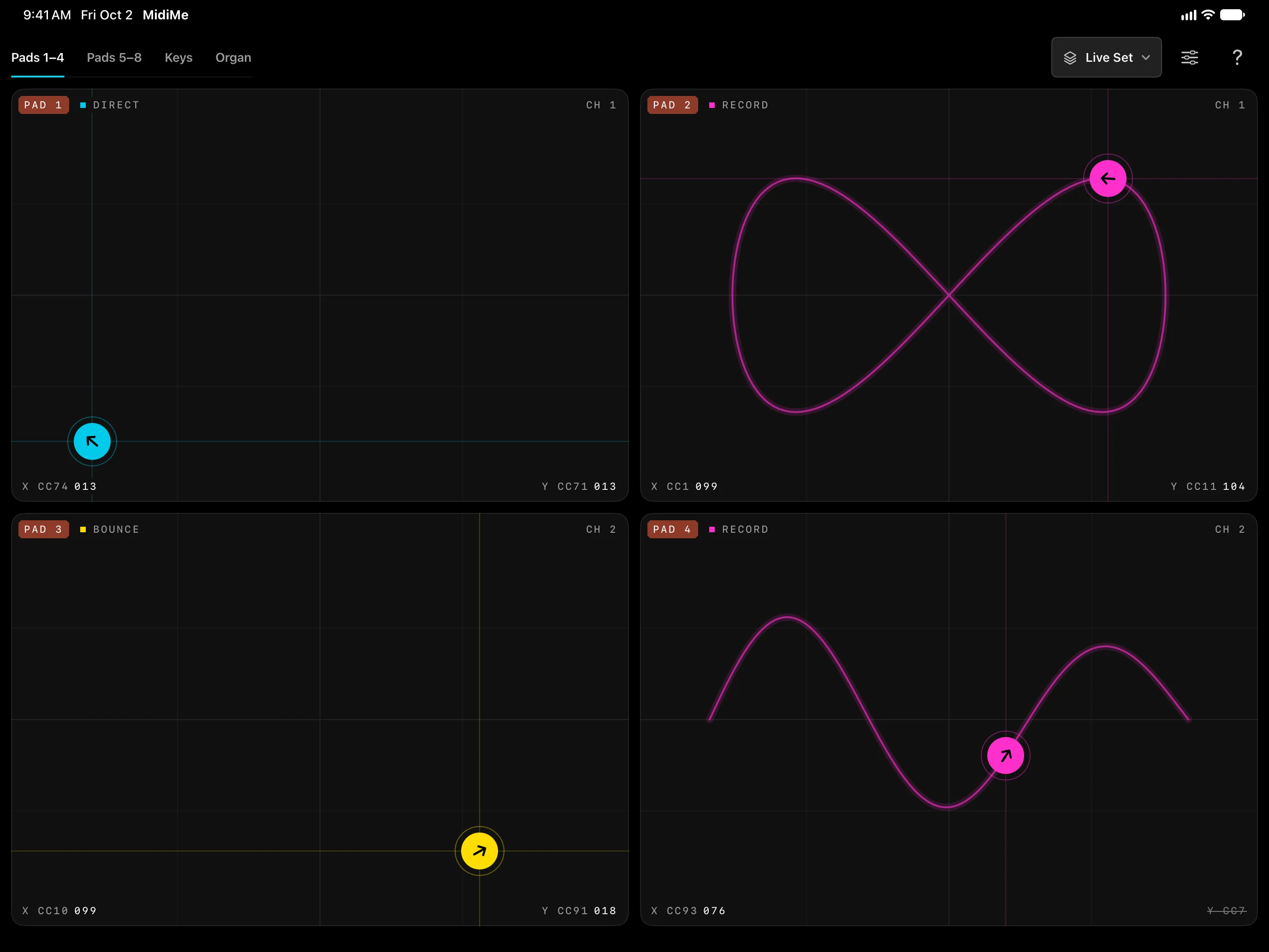 Four MidiMe XY pads in Direct, Record, and Bounce modes, two tracing looping gestures