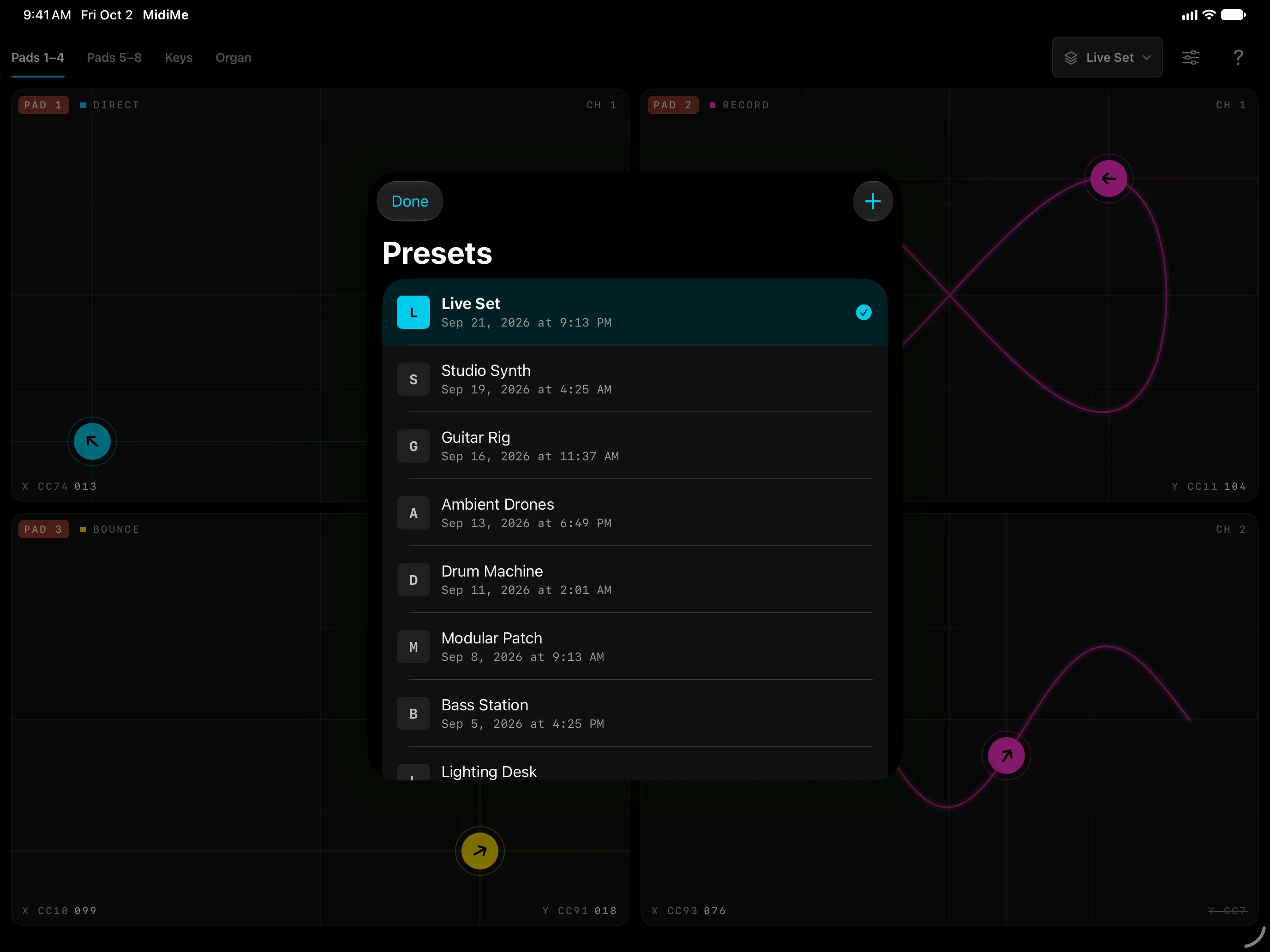 MidiMe preset list with Live Set, Studio Synth, and other presets