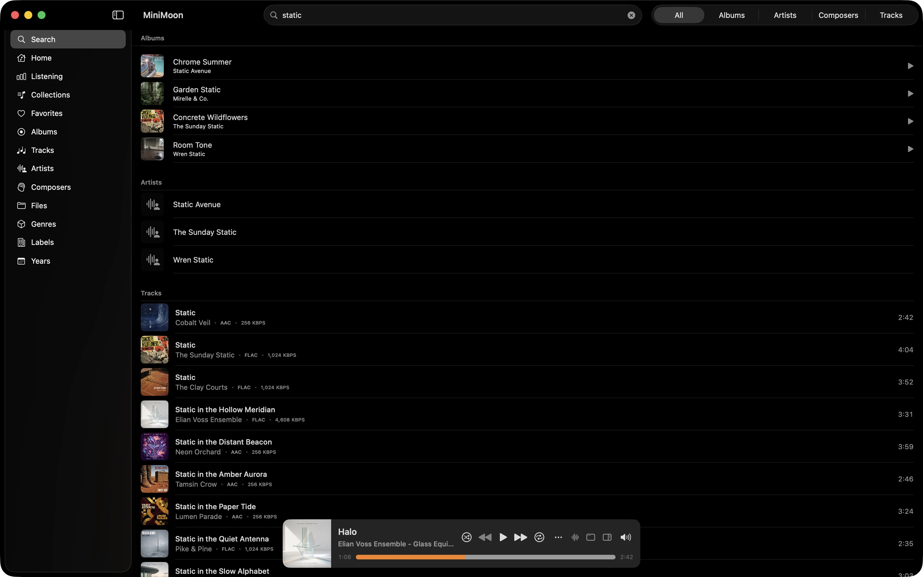 MiniMoon search results grouped into albums, artists, and tracks