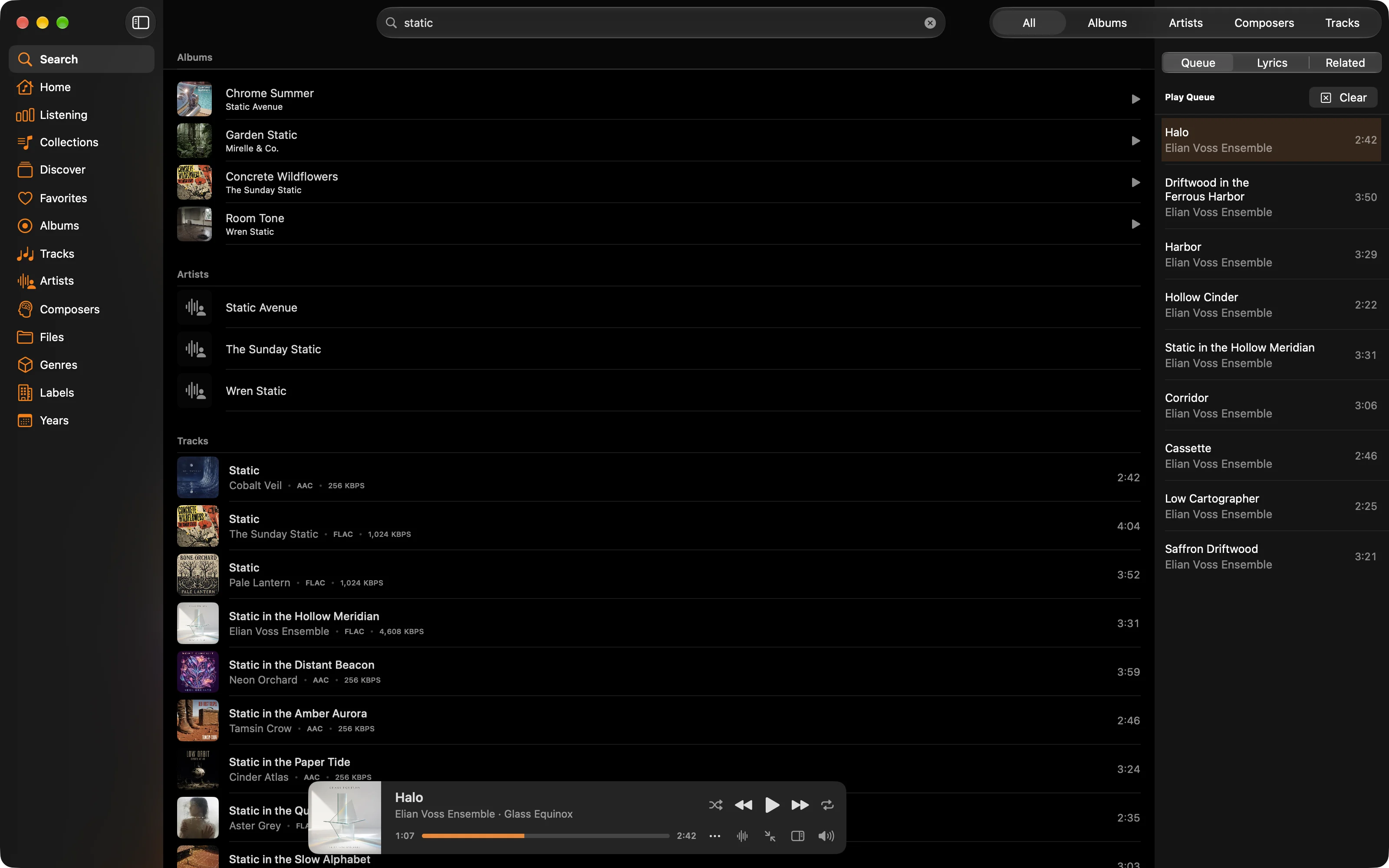 MiniMoon search results grouped into albums, artists, and tracks
