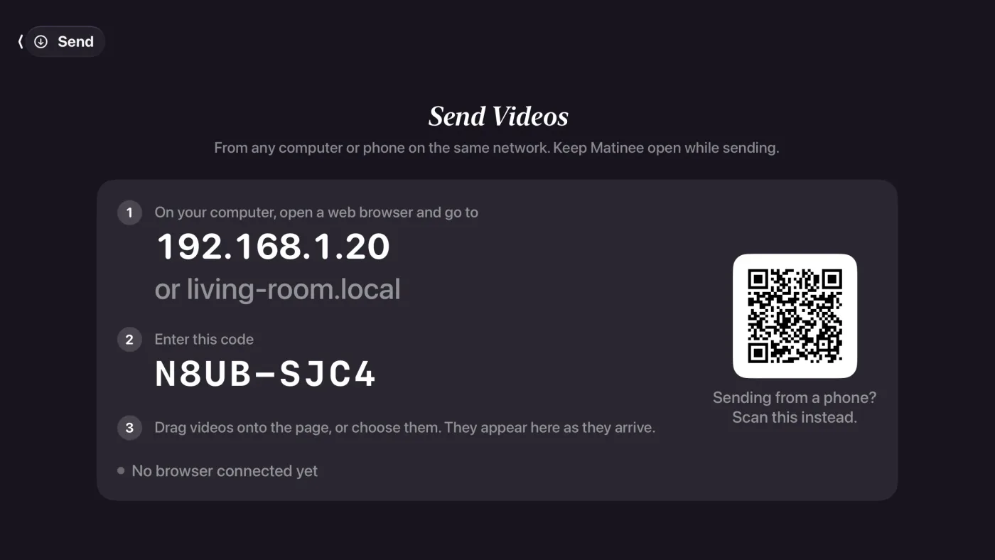 Matinee Send Videos screen with an address, a pairing code, and a QR code