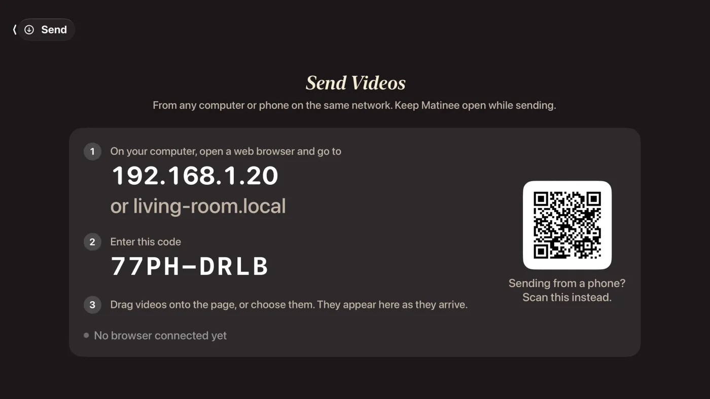The Send Videos screen with an address, a pairing code, and a QR code