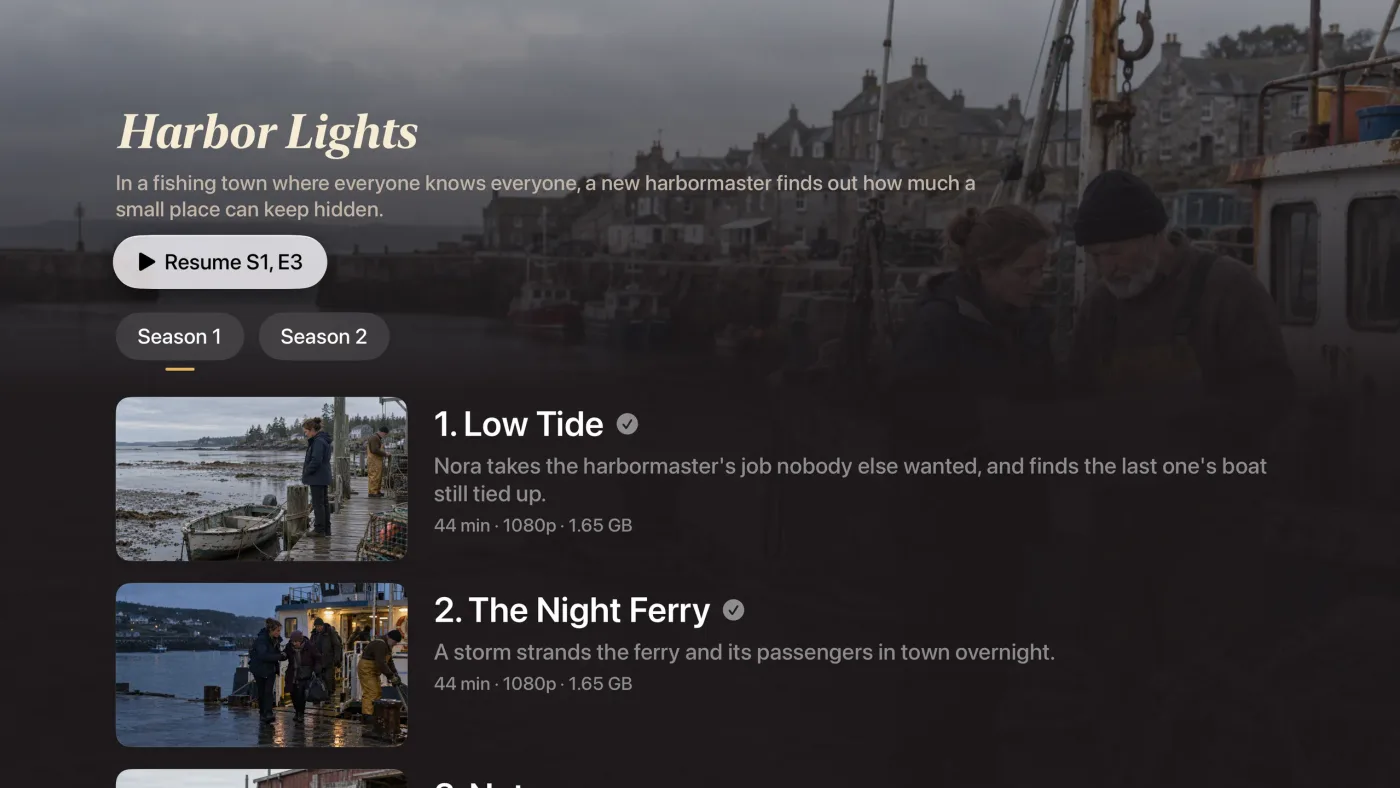 The Harbor Lights show page with Season 1 selected and its episode list