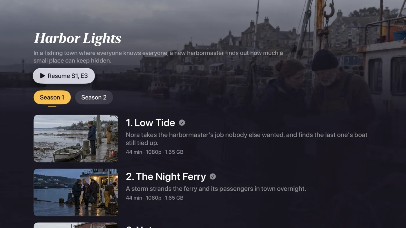 Matinee show page for Harbor Lights with Season 1 selected and an episode list