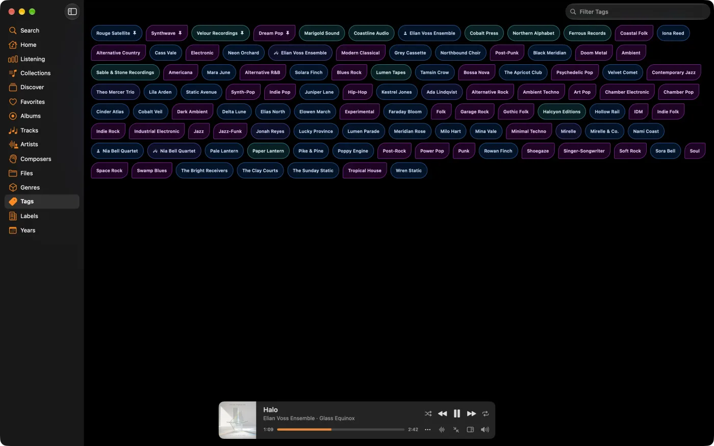 MiniMoon Tags page showing every artist, composer, genre, and label as a tag, with pinned tags first